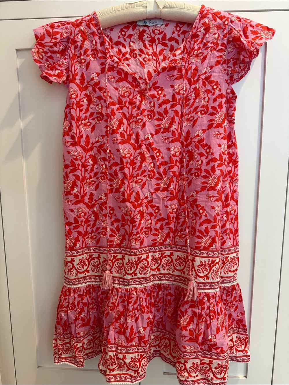 Bindu 100% cotton mini dress. Pink and red pattern